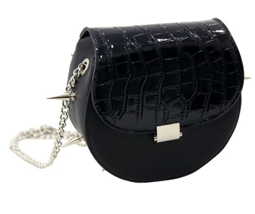 Black PU Bag With Silver Spikes And Chain Strap