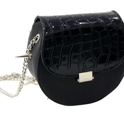 Black PU Bag With Silver Spikes And Chain Strap