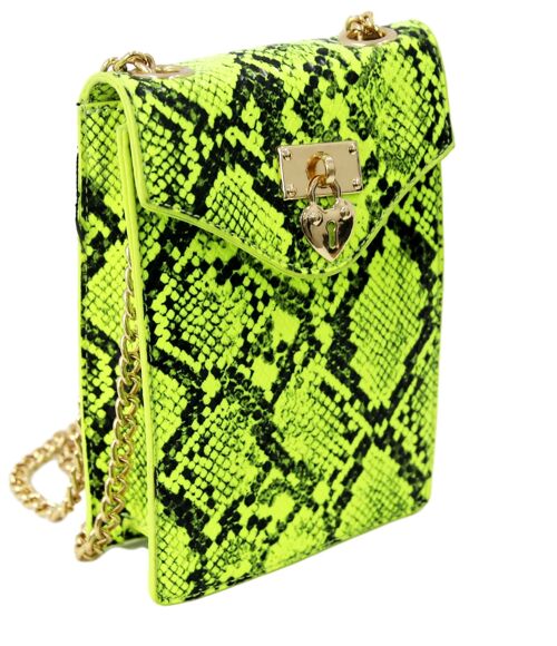 Neon Lime Heart Padlock Snakeskin Bag