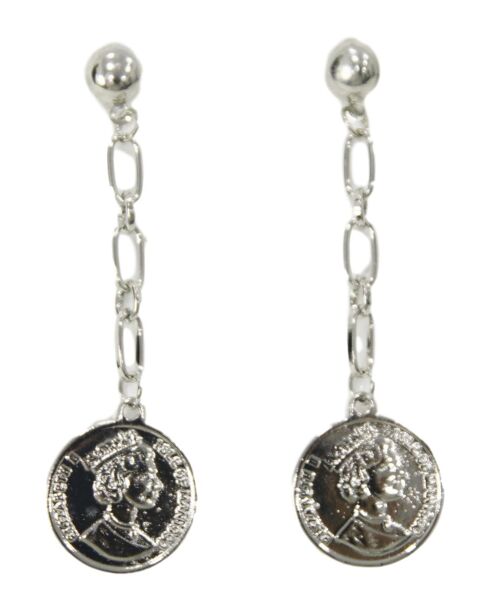 Silver Chain Drop Coin Earrings