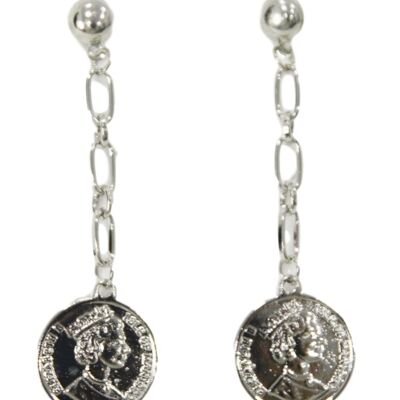 Silver Chain Drop Coin Earrings