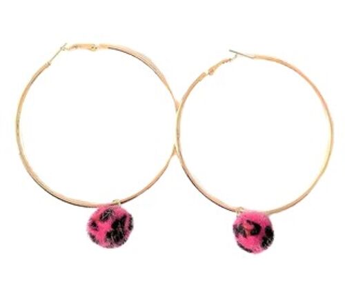 Gold Hoop with Fuchsia Pom Earrings