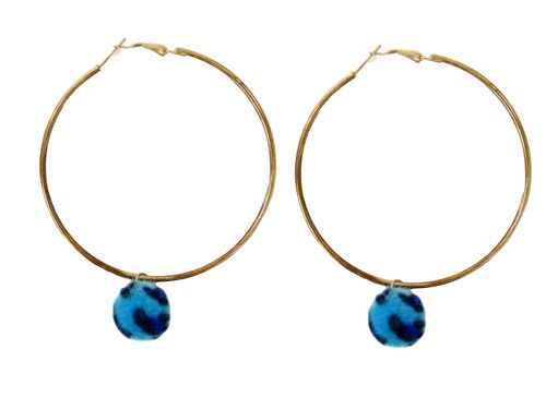 Gold Hoop with Blue Pom Earrings