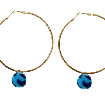 Gold Hoop with Blue Pom Earrings
