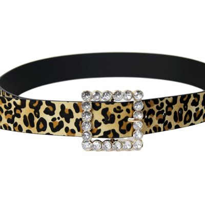 Leopard Patent Square Diamante Buckle Belt
