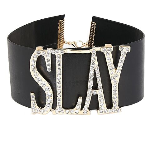 Black 5cm PU Faux Leather Choker with Diamante Embellished SLAY Slogan
