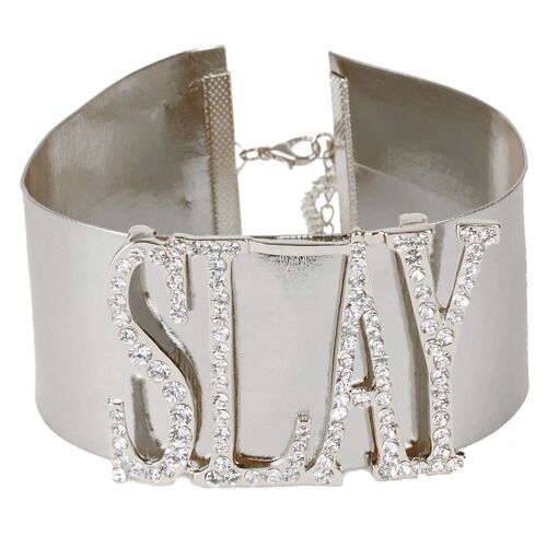 Silver 5cm PU Faux Leather Choker with Diamante Embellished SLAY Slogan