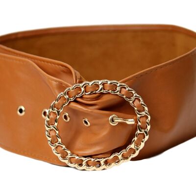 Tan PU Waist Link Circle Buckle Belt