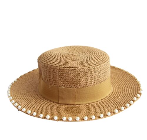 Tan Pearl Trim Straw Hat