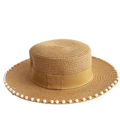 Sombrero de paja con ribete de perlas color canela