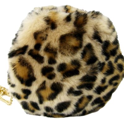 Borsa rotonda con catena dorata in pelliccia sintetica con stampa leopardata