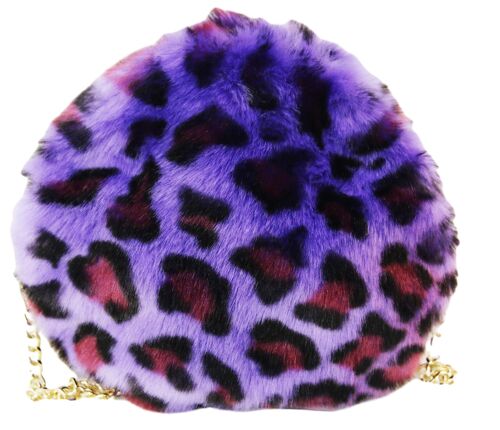 Purple Leopard Print Faux Fur Gold Chain Round Bag