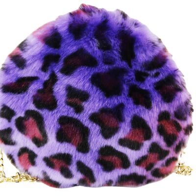 Purple Leopard Print Faux Fur Gold Chain Round Bag