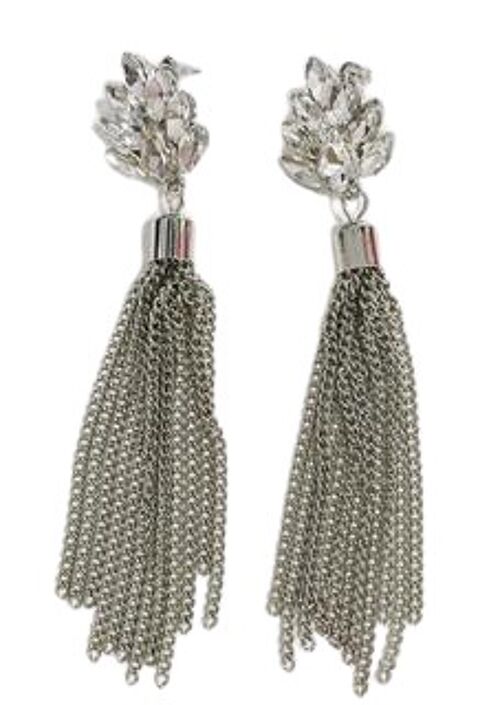 Silver Stone Flower & Chain Tassel Earring