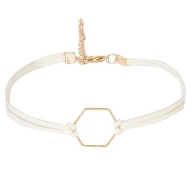 Cremefarbenes Wildleder-Doppelband-Halsband mit Hexagon-Charm