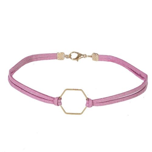 Pink Suede Double Band Choker with Hexagon Charm
