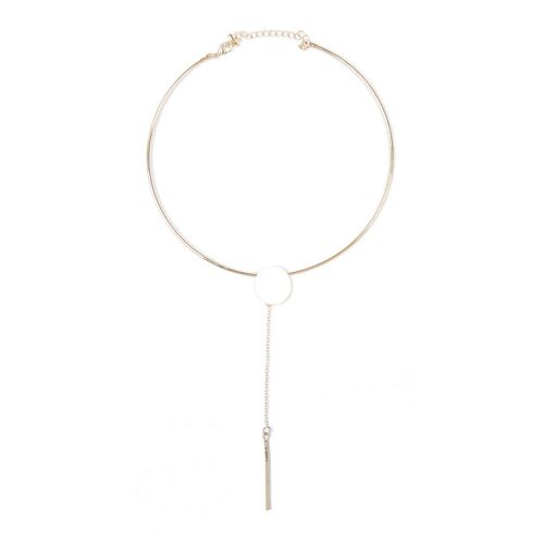 Gold Structured Metal Choker with Circle and Drop Chain