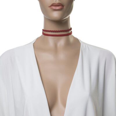 Wine 1.5cm Double Suede Choker with One Plaited Choker