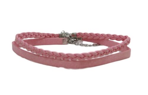 Pink 1.5cm Double Suede Choker with One Plaited Choker