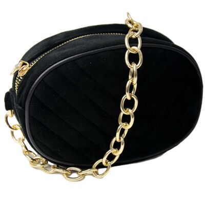 Black Velvet Oval Quilted Belt Bag With Chain