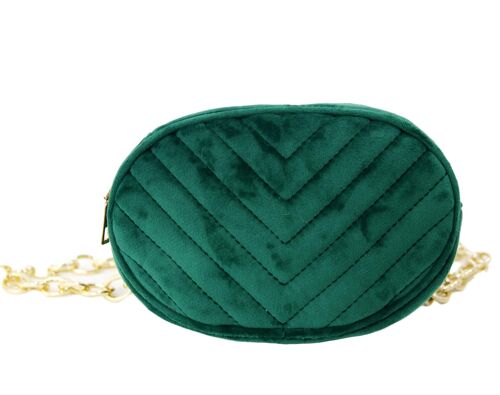Green Velvet Oval Quilted Belt Bag With Chain