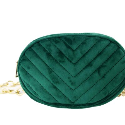 Green Velvet Oval Quilted Belt Bag With Chain