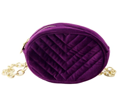 Purple Velvet Oval Quilted Belt Bag With Chain