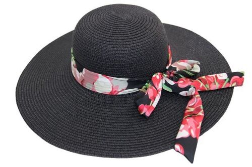 Straw Floppy Hat with Floral Print Tie Bow Band