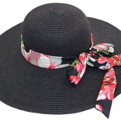 Straw Floppy Hat with Floral Print Tie Bow Band