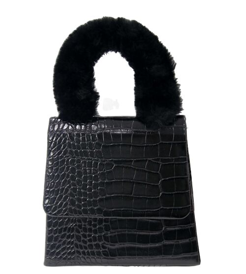 Black Croc Grab Bag with Fur Handle