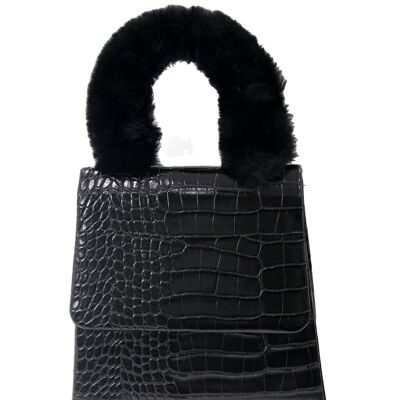 Black Croc Grab Bag with Fur Handle