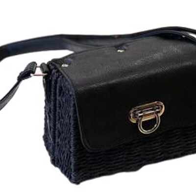 Black Straw Crossbody Bag with PU Strap