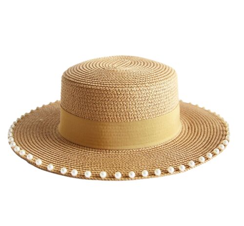 Cream Pearl Trim Straw Hat