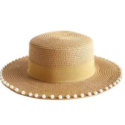 Cream Pearl Trim Straw Hat