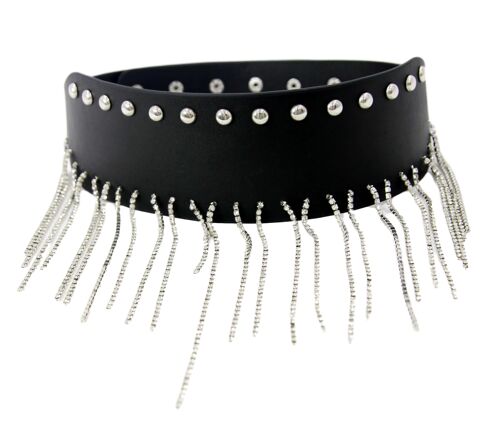 Black PU Waist Belt with Diamante Tassels and Studs Detail
