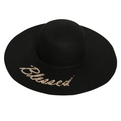 Black Straw Hat With Blessed Slogan