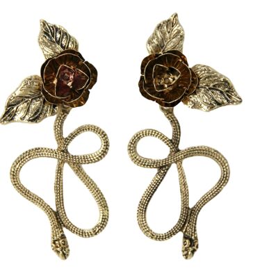 Antique Gold Snake Rose Earrings