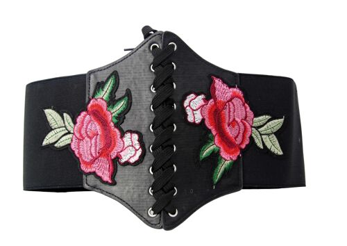 Black Elasticated Faux Leather Corset Belt w/ Iron On Patches