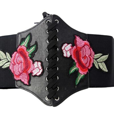 Cinturón de corsé de cuero sintético elástico negro con parches de hierro
