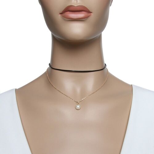Double choker PU and chain with a pearl pendant