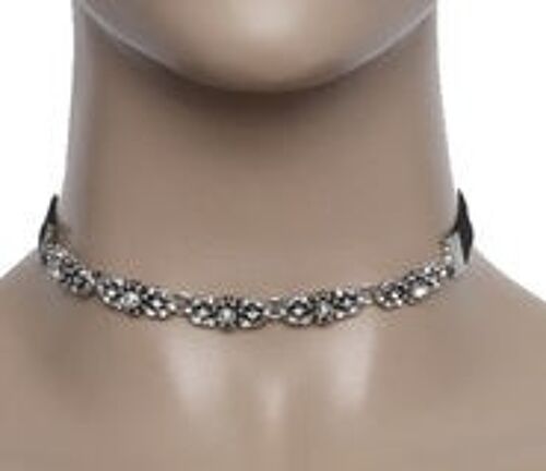 Black and Silver 1cm Velvet Choker with Metallic Floral Design & Diamante Embellishment