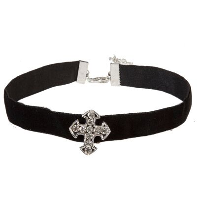 Velvet Choker with Diamante Cross