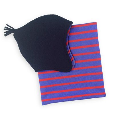 Walkmütze und Loop-Schal - Blau / Blau-Rot - Kopfumfang