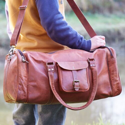 Extra Large Brown Leather Holdall with Zipped Pockets