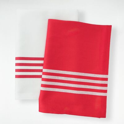 Set of 2 Duos of matching two-tone red striped tea towels 50 x 70