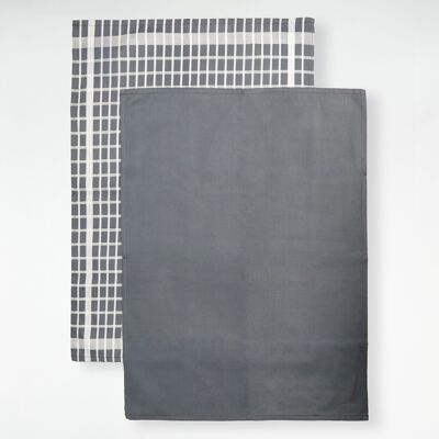 Set of 2 Duos of matching two-tone tea towels, gray squares 50 x 70