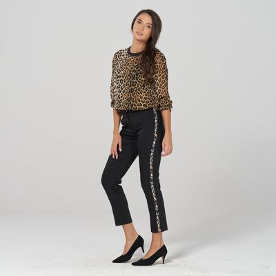 Pantalon slim longueur cheville noir à rayures léopard