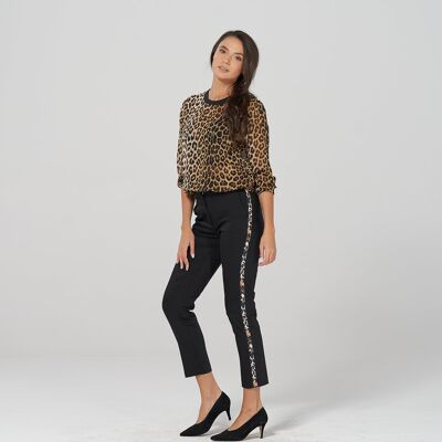Pantalon slim longueur cheville noir à rayures léopard