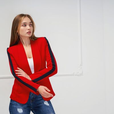 Stretch jersey blazer in red with blue contrast stripes
