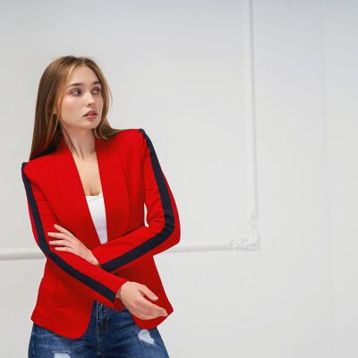 Stretch jersey blazer in red with blue contrast stripes